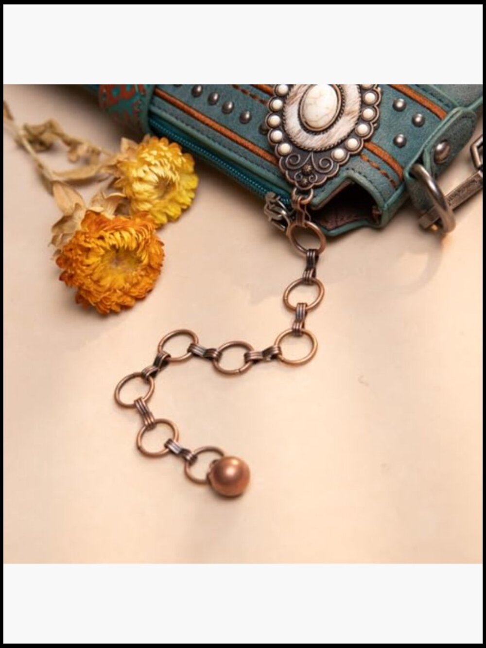 Large Western Concho Metal Chain Belt with Faux Turquoise - Picture 5 of 7
